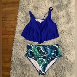 Mooncore bikini blue top with floral full coverage bottom